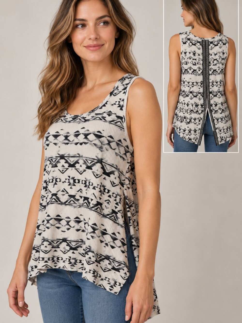 Orange Creek M Black White Aztec Tribal Boho Split Back High Low Tank Top